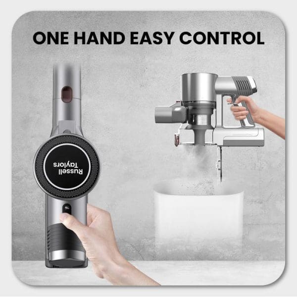 Russell Taylors V9 Cordless Vacuum Cleaner 2-in-1 handheld device with one-hand easy control, showing vacuum and mop functionality with rechargeable battery design.