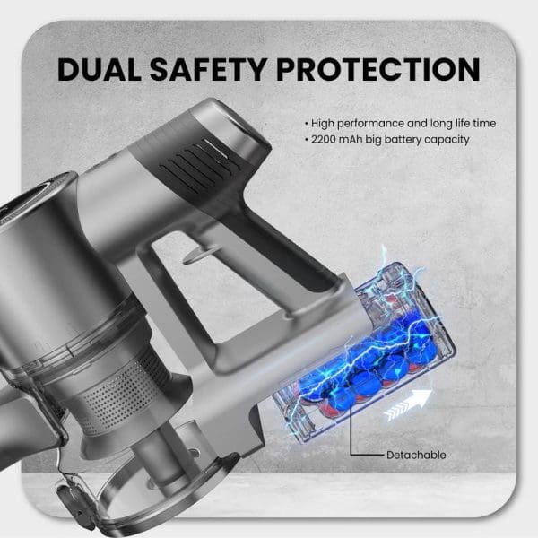 Russell Taylors Cordless Vacuum Cleaner V9 with dual safety protection, 2200mAh battery, detachable design, blue filtration system, 2-in-1 vacuum and mop functionality.