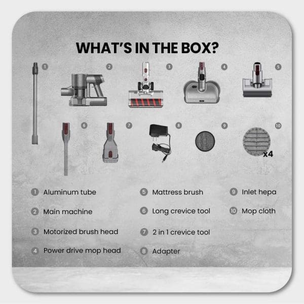 Russell Taylors Cordless Vacuum Cleaner V9 contents diagram showing 10 numbered components including main machine, motorized brush head, power drive mop head, crevice tools, and mop cloths.