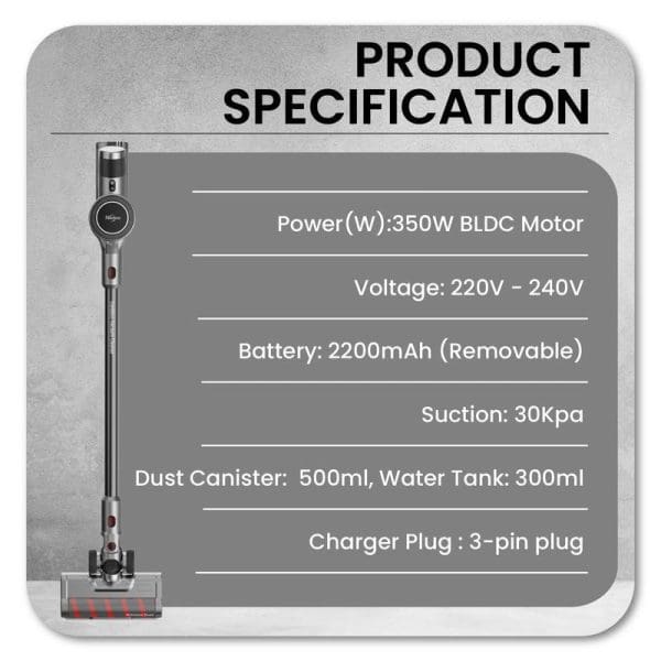 Product specification chart for Russell Taylors Cordless Vacuum Cleaner V9 showing 350W motor, 2200mAh battery, 30Kpa suction, and dual vacuum-mop functionality.