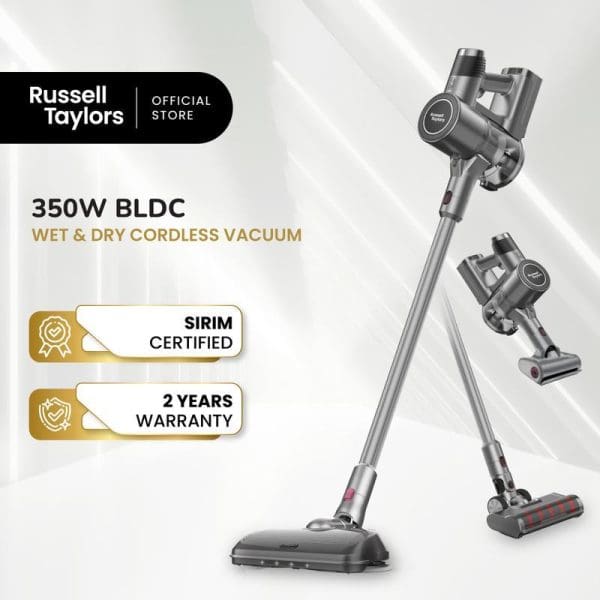 Russell Taylors 350W BLDC cordless vacuum cleaner in gray, showing handheld and stick configurations with SIRIM certification and 2-year warranty badges.