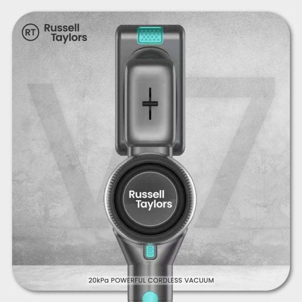 Russell Taylors V7 20kPa powerful cordless vacuum cleaner with rechargeable battery, featuring cyclone technology and ergonomic handheld design in sleek gray packaging.
