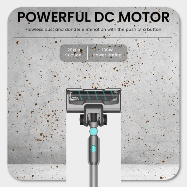 Russell Taylors Cyclone Cordless Vacuum Cleaner V7 with powerful DC motor, 20kPa suction, 130W power rating, and rechargeable battery for flawless dust elimination.
