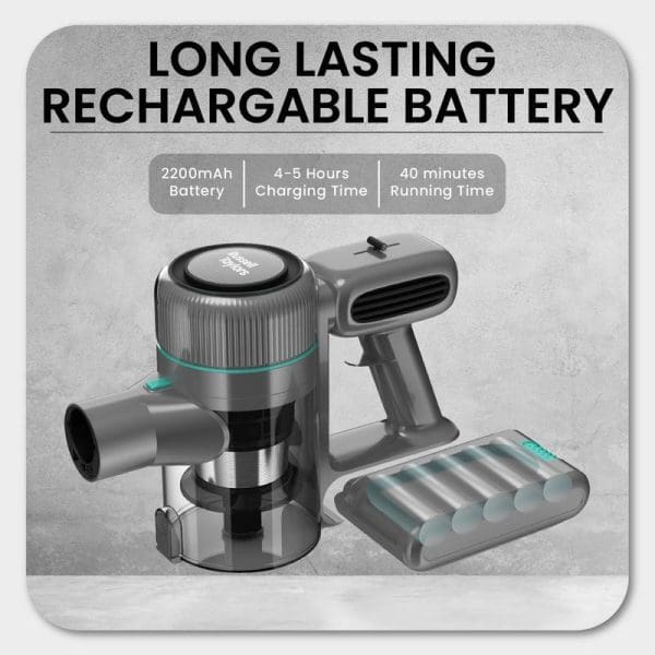 Russell Taylors Cyclone Cordless Vacuum Cleaner V7 with 2200mAh rechargeable battery, 40 minutes runtime, 4-5 hours charging time, handheld design with motorized brush attachment.