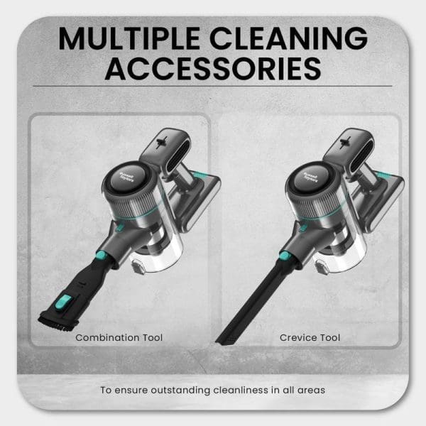 Russell Taylors V7 cordless vacuum cleaner with multiple cleaning accessories including combination tool and crevice tool for comprehensive cleaning performance.