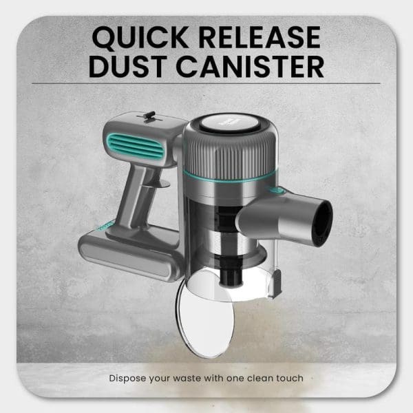Russell Taylors Cyclone Cordless Vacuum Cleaner V7 with quick release dust canister feature, showing gray handheld design with turquoise accents and one-touch waste disposal system.