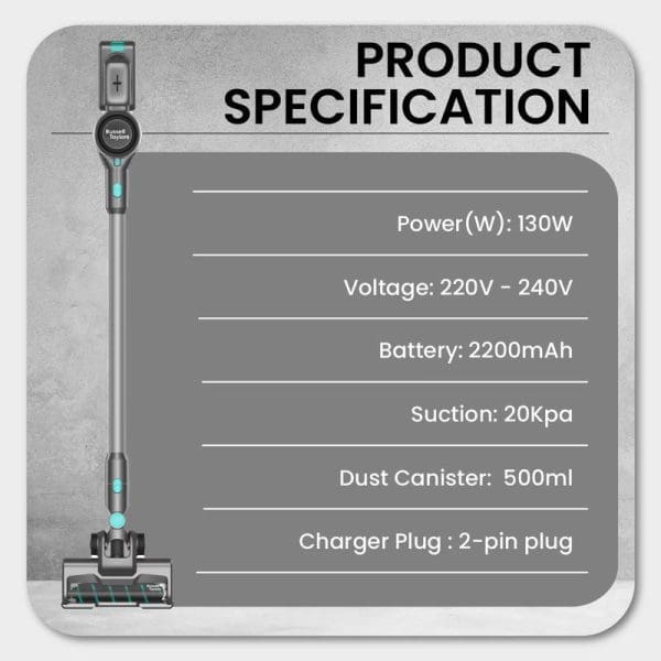 Russell Taylors Cyclone Cordless Vacuum Cleaner V7 product specification showing 130W power, 2200mAh battery, 20Kpa suction, 500ml dust canister, and 220V-240V voltage requirements.
