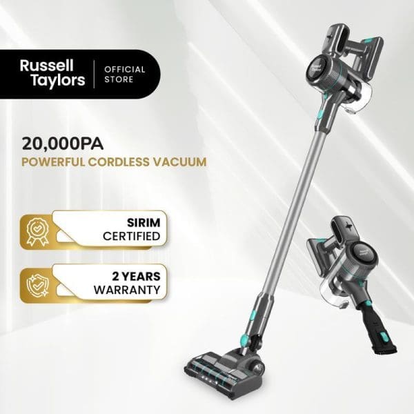 Russell Taylors 20,000PA cordless vacuum cleaner with rechargeable battery, featuring SIRIM certification, 2-year warranty, shown in stick and handheld configurations on white background.