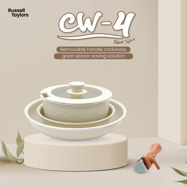 Russell Taylors CW-4 detachable handle non-stick cookware set featuring cream-colored frying pan and sauce pan with lid, displayed on white platform with decorative elements.