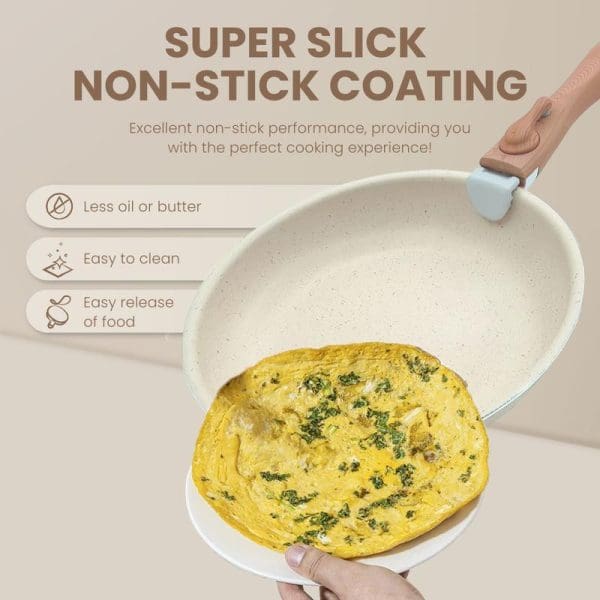 Russell Taylors non-stick frying pan with detachable wooden handle cooking herb omelet, demonstrating super slick coating with easy food release and cleaning benefits.