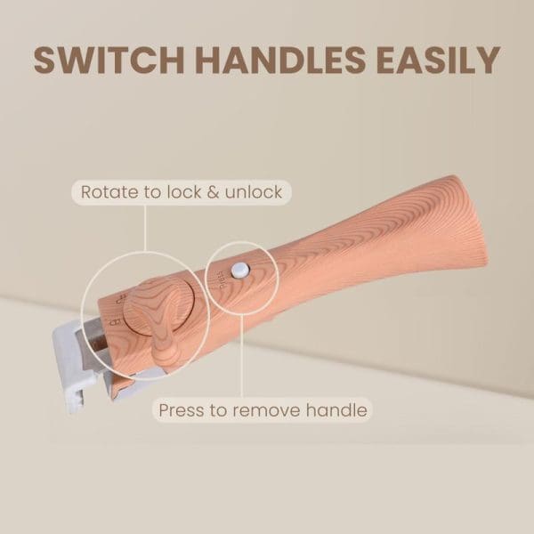 Russell Taylors detachable handle cookware showing wooden handle with rotation lock/unlock mechanism and press-button removal system for easy switching between pans.
