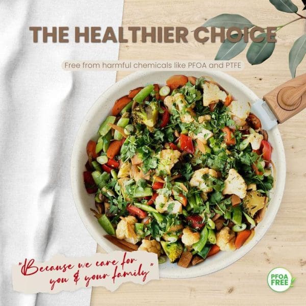 White ceramic pan filled with colorful vegetable stir-fry including broccoli, cauliflower, peppers and herbs, displayed on wooden surface with "The Healthier Choice" marketing text.
