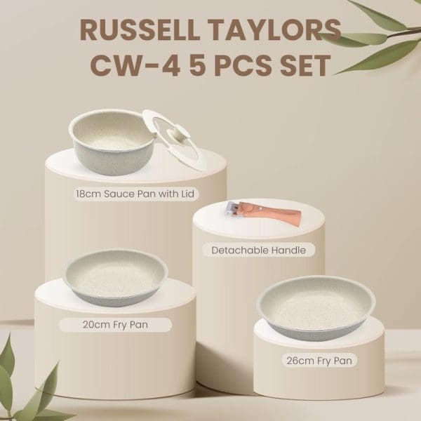 Russell Taylors CW-4 5-piece non-stick cookware set featuring 18cm sauce pan with lid, 20cm and 26cm fry pans, and detachable handle displayed on pedestals.