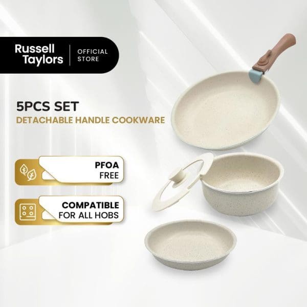 Russell Taylors 5-piece detachable handle cookware set including frying pan, sauce pan, and pot with PFOA-free non-stick coating, compatible with all hobs.