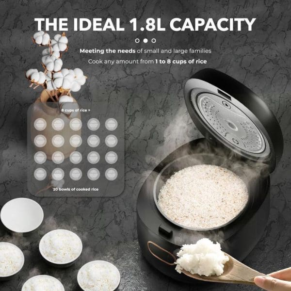 Russell Taylors 1.8L digital rice cooker with open lid showing cooked rice, steam, and infographic highlighting 1-8 cup capacity for families.
