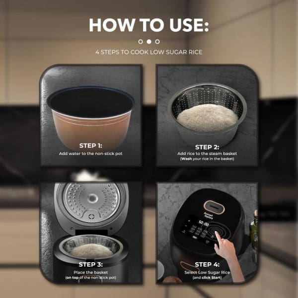 Russell Taylors Digital Low Sugar Rice Cooker instruction guide showing 4 steps: add water, wash rice in steam basket, place basket in pot, select setting.