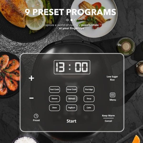 Russell Taylors Digital Low Sugar Rice Cooker RC10 with 1.8L capacity, featuring 9 preset programs, digital display showing 13:00, and various cooking functions surrounded by food.