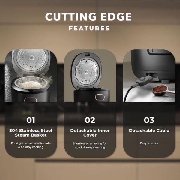 Russell Taylors Digital Low Sugar Rice Cooker features: 304 stainless steel steam basket, detachable inner cover, and detachable cable for easy storage and cleaning.