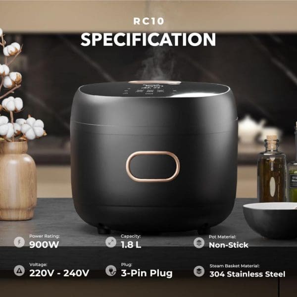 Russell Taylors RC10 Digital Low Sugar Rice Cooker specifications showing 900W power, 1.8L capacity, non-stick pot, 220V-240V voltage, 3-pin plug, stainless steel steam basket.