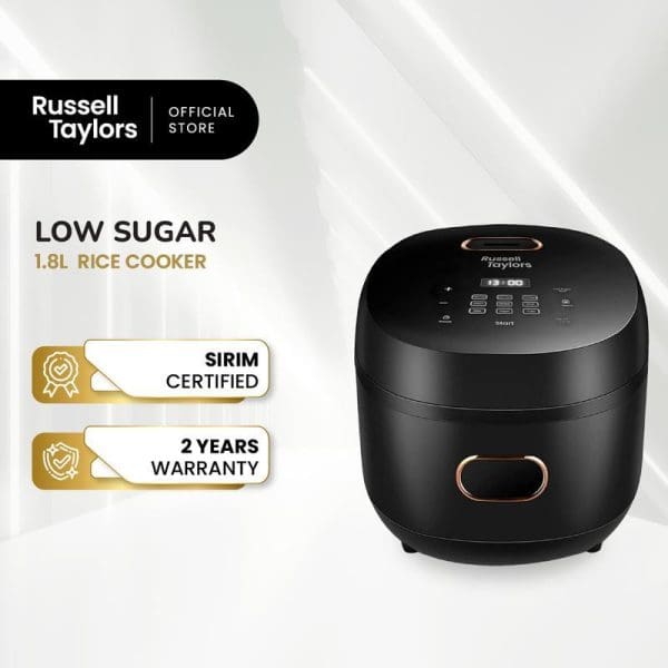 Russell Taylors 1.8L Low Sugar Digital Rice Cooker RC10 in black with LED display, SIRIM certified, 2-year warranty, official store product image.