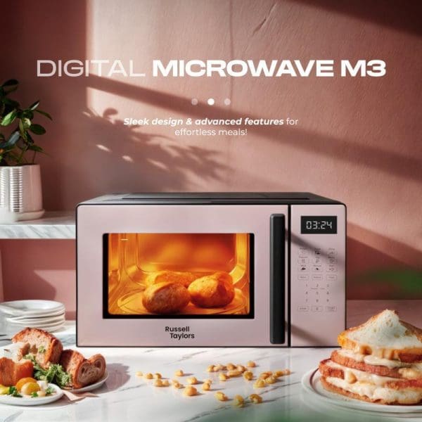 Russell Taylors Digital Microwave M3 20L with digital display showing 03:24, heating food inside, surrounded by cooked dishes on kitchen counter with plant decoration.