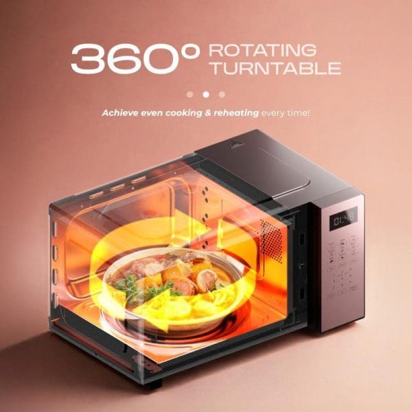 Russell Taylors Digital Microwave Oven 20L M3 with 360° rotating turntable feature, showing internal orange heating glow and food bowl, promoting even cooking and reheating.
