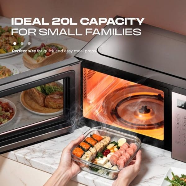 Russell Taylors Digital Microwave Oven 20L M3 with open door showing sushi container inside, highlighting 20L capacity ideal for small families and quick meal preparation.