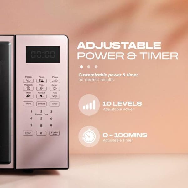 Russell Taylors Digital Microwave Oven 20L M3 with pink control panel showing adjustable power and timer features, 10 power levels, 0-100 minute timer.