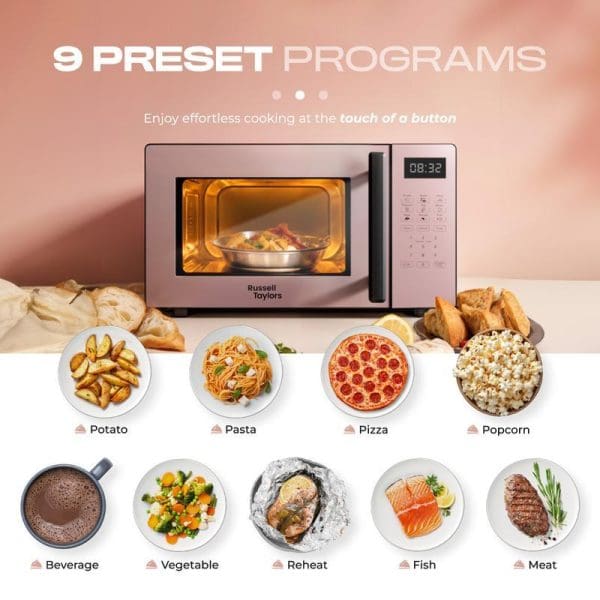Russell Taylors Digital Microwave Oven 20L M3 with 9 preset programs including potato, pasta, pizza, popcorn, beverage, vegetable, reheat, fish, and meat settings.