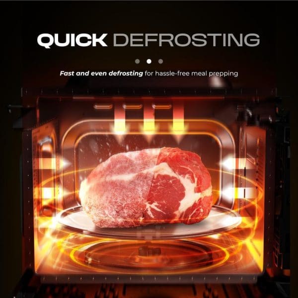 Russell Taylors Digital Microwave Oven 20L M3 with quick defrosting feature, showing frozen meat being defrosted inside with orange heating elements and "Fast and even defrosting" text.