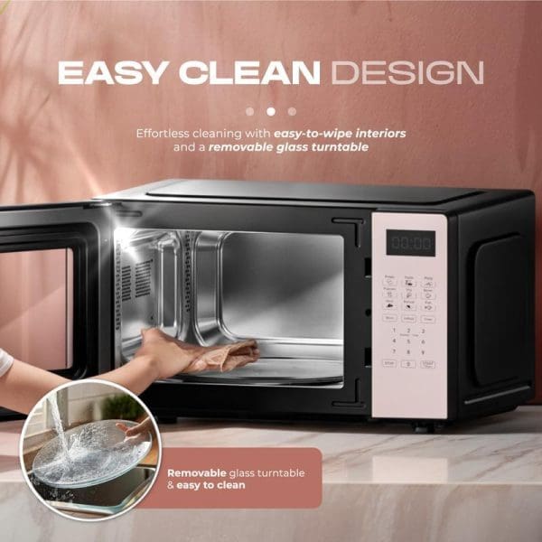 Russell Taylors Digital Microwave Oven 20L M3 with black exterior, white control panel, stainless steel interior, removable glass turntable, and easy-to-clean design features highlighted.