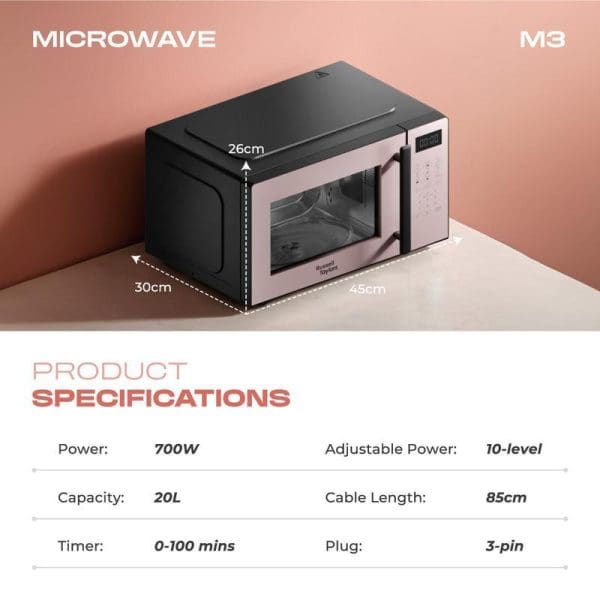 Russell Taylors Digital Microwave Oven M3 20L with product specifications showing 700W power, 10 adjustable levels, dimensions 45x30x26cm, and digital control panel.
