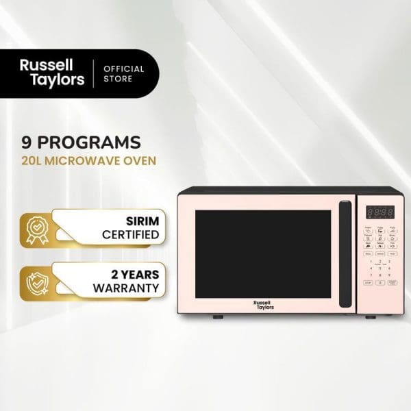 Russell Taylors 20L Digital Microwave Oven in pink with 9 programs, SIRIM certified, 2 years warranty, featuring digital display and control panel.