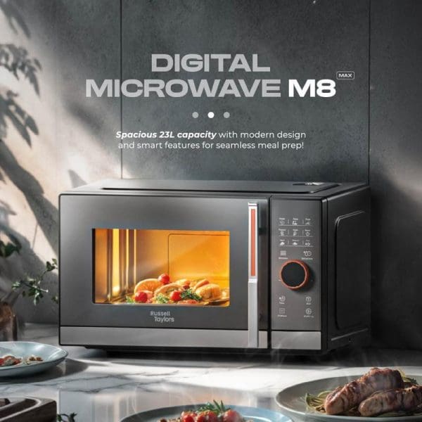 Russell Taylors Digital Microwave M8 with 23L capacity, modern stainless steel design, digital controls with red accents, illuminated interior showing cooked food on kitchen counter.