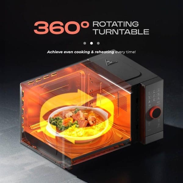 Russell Taylors Digital Microwave Oven 23L M8 with 360° rotating turntable feature, showing illuminated interior with food dish and promotional text on dark background.