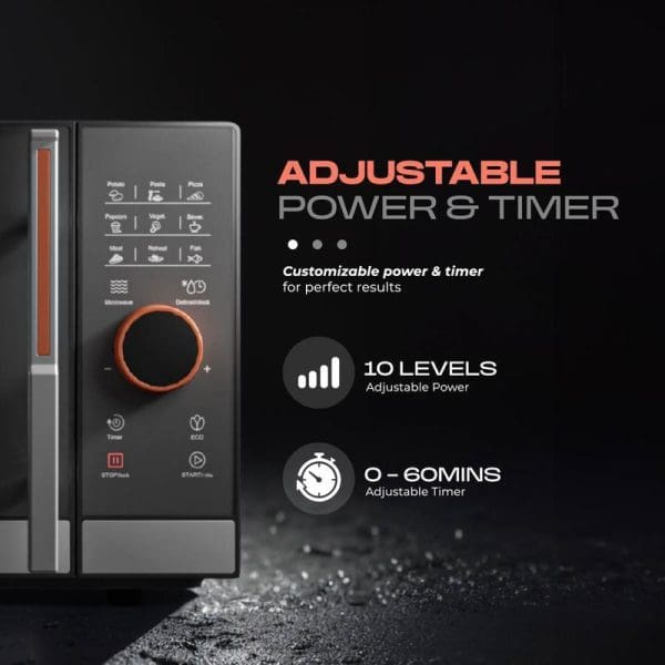 Russell Taylors Digital Microwave Oven 23L M8 with adjustable power and timer controls, featuring 10 power levels and 0-60 minute timer settings.