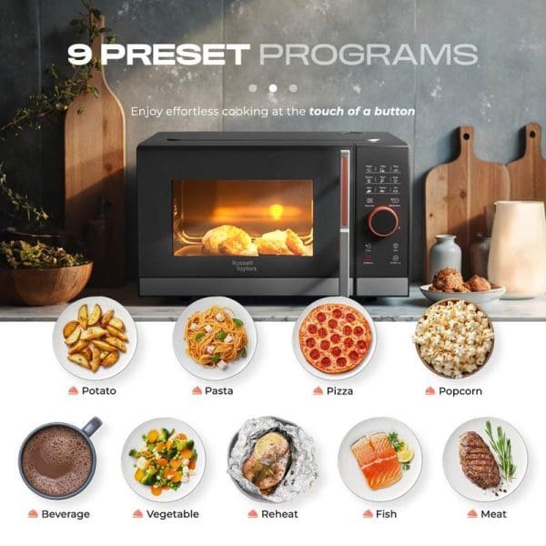 Russell Taylors Digital Microwave Oven 23L M8 with 9 preset programs showing potato, pasta, pizza, popcorn, beverage, vegetable, reheat, fish, and meat cooking options.