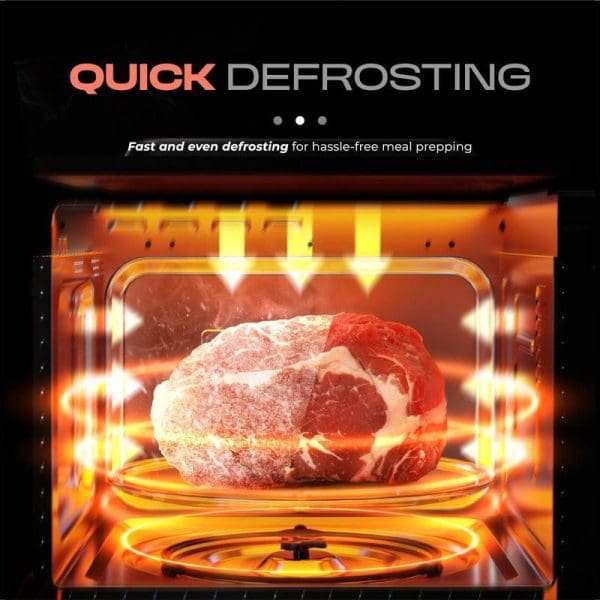 Russell Taylors Digital Microwave Oven 23L M8 with quick defrosting feature, showing frozen meat being defrosted inside illuminated microwave chamber for hassle-free meal preparation.