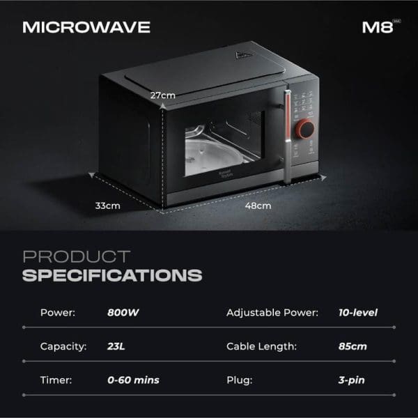 Russell Taylors Digital Microwave Oven M8 23L with product specifications showing 800W power, 10-level adjustable settings, dimensions 48x33x27cm, and control panel features.