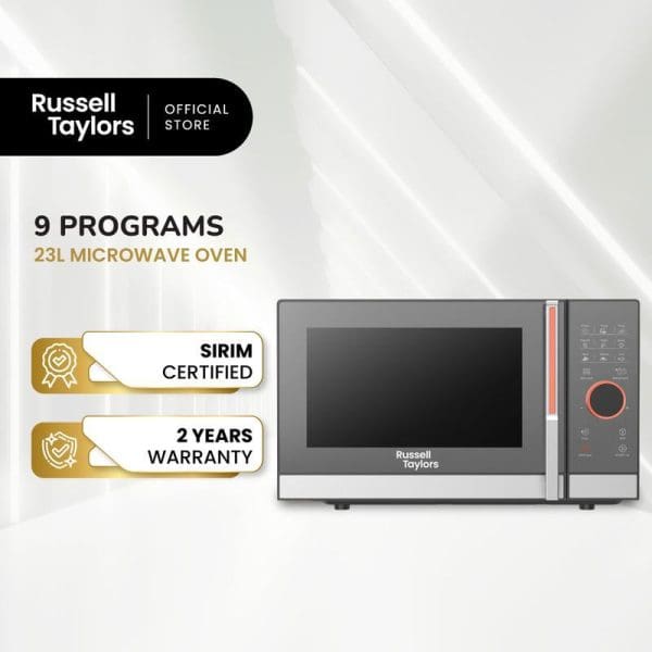 Russell Taylors 23L Digital Microwave Oven with 9 programs, SIRIM certified, 2 years warranty, silver and black design with digital display and control panel.