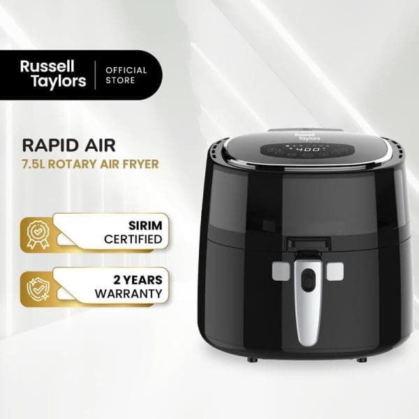 Russell Taylors Rapid Air 7.5L Rotary Air Fryer AF-76 in black with digital display, SIRIM certified, 2-year warranty, official store product.