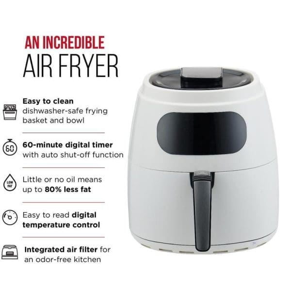 Russell Taylors Digital XL Air Fryer 7.2L AF-74 in white with digital display, featuring dishwasher-safe basket, 60-minute timer, temperature control, and air filter system.