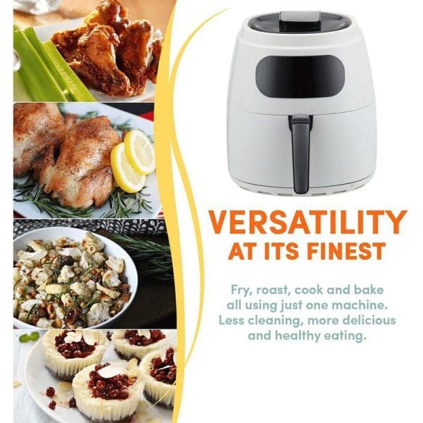 Russell Taylors Digital XL Air Fryer 7.2L AF-74 with cooked chicken wings, roasted chicken, mixed vegetables, and desserts showcasing versatility for frying, roasting, cooking and baking.
