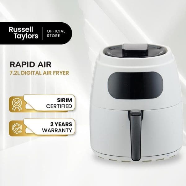 Russell Taylors Rapid Air 7.2L Digital Air Fryer in white with black accents, featuring SIRIM certification and 2-year warranty badges.