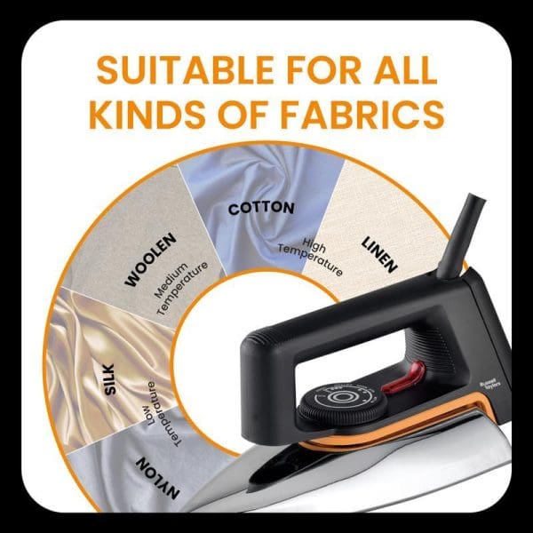 Russell Taylors DI-10 dry iron with non-stick soleplate and temperature control dial, suitable for cotton, linen, woolen, silk, and nylon fabrics.