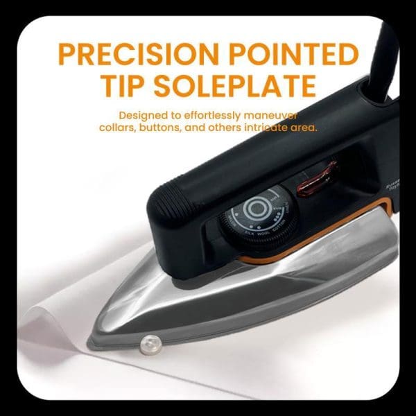 Russell Taylors DI-10 Dry Iron with precision pointed tip non-stick soleplate, black handle with temperature dial, designed for maneuvering collars and intricate areas.