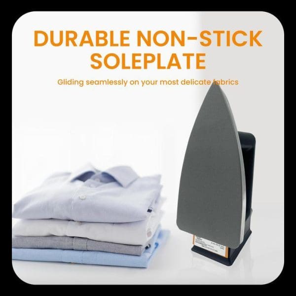 Russell Taylors Dry Iron DI-10 with durable non-stick soleplate next to stack of folded dress shirts, showcasing smooth ironing on delicate fabrics.