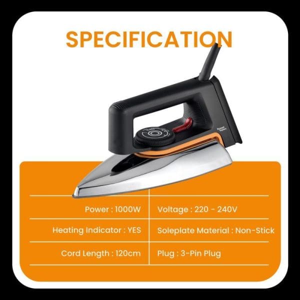 Russell Taylors DI-10 dry iron with 1000W power, non-stick soleplate, heating indicator, 220-240V voltage, 120cm cord, and 3-pin plug specifications displayed.