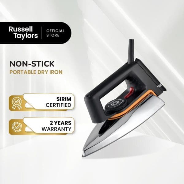 Russell Taylors DI-10 Non-Stick Portable Dry Iron with black handle, silver soleplate, SIRIM certified, 2-year warranty from official store.