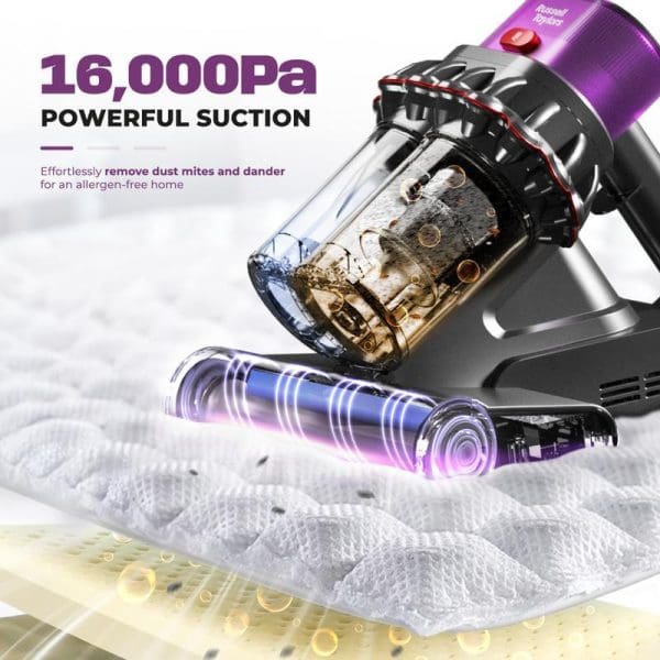 Russell Taylors VM30 cordless vacuum cleaner with 16,000Pa suction power, UV-C light, and transparent dust container removing dust mites from white bedding.